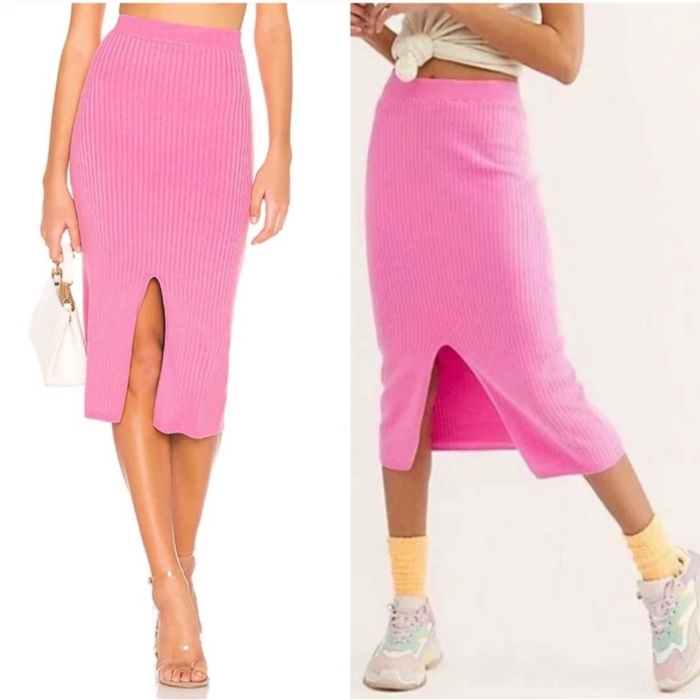 Free People Skyline Ribbed Midi Skirt Pink Fireworks Knit Side Slit Small S